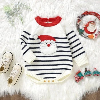 Χριστουγεννιάτικο μωρό Romper Νεογέννητο πλεκτό πουλόβερ Ρούχα Χαριτωμένο Santa Print Ριγέ Φορμάκι με μακρυμάνικο κουμπί Πλεκτό Βρεφικό φόρμα