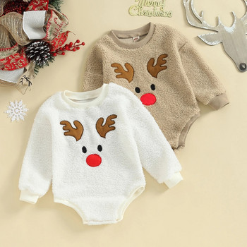 Зимен топъл поларен бебешки гащеризон Коледни дрехи за новородено с дълъг ръкав Боди с бродерия на елени Бебешко облекло за момиче и момче