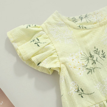 Бебешки гащеризон с лента за коса, детско боди с флорални щампи с кръгло деколте и летни ръкави + лента за глава за лятото, синьо/жълто, 0-24 месеца