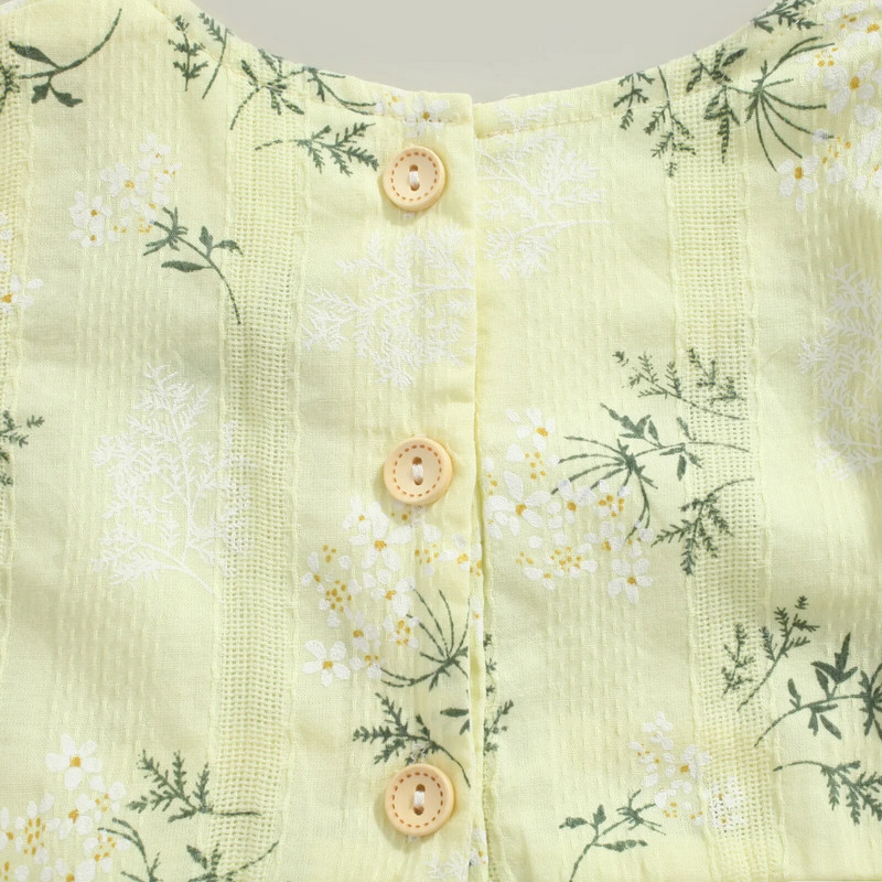 Juuksepaelaga beebivann, lillemustriga, ümara kaelusega kärbsevarrukatega bodi + peapael suveks, sinine/kollane, 0–24 kuud