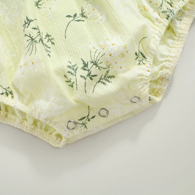 Juuksepaelaga beebivann, lillemustriga, ümara kaelusega kärbsevarrukatega bodi + peapael suveks, sinine/kollane, 0–24 kuud