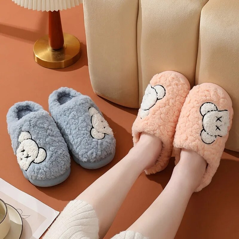Šlepetės storu padu Žiema Namai Viduje Lauke Berniukai Merginos Šlepetės Šiltos Pūkuotos Šlepetės Mielos Meškos Kailio Medvilniniai Batai Moterims Šlepetės
