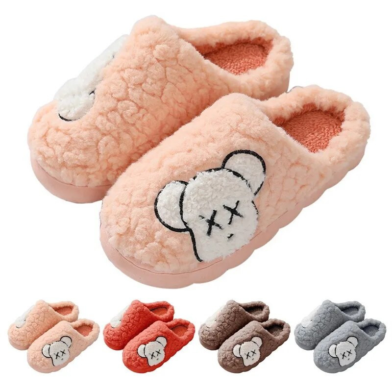 Šlepetės storu padu Žiema Namai Viduje Lauke Berniukai Merginos Šlepetės Šiltos Pūkuotos Šlepetės Mielos Meškos Kailio Medvilniniai Batai Moterims Šlepetės