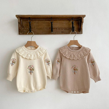 Φθινοπωρινά ρούχα για μωρά καινούργια πλεκτά μπλουζάκια γιακά με φύλλα Lotus μακρυμάνικο romper Cute baby girl κεντημένα πουλόβερ