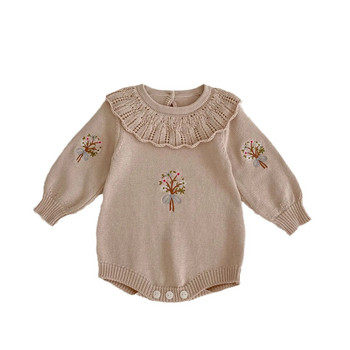 Φθινοπωρινά ρούχα για μωρά καινούργια πλεκτά μπλουζάκια γιακά με φύλλα Lotus μακρυμάνικο romper Cute baby girl κεντημένα πουλόβερ