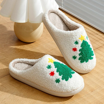 Зелени чехли за коледна елха с кожа Зимни домашни чехли Дамски удобни домашни плоски плъзгащи се пързалки за спалня Весели коледни обувки