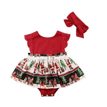 Καλοκαιρινά Χριστούγεννα Παιδικά ρούχα για κορίτσια Μόδα βαμβακερά μαλακά βρεφικά φορμάκια Romper outfits Άγιος Βασίλης με στάμπα Φούστα + κεφαλόδεσμος
