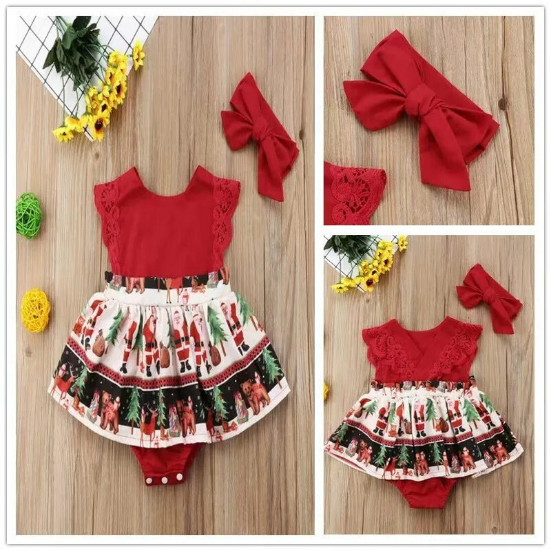 Vasaras Ziemassvētki Toddler Bērnu Meiteņu Apģērbi Modes Kokvilnas Mīksti Bērnu Bodiji Romper Tērpi Ziemassvētku Vecīša apdrukas svārki + galvas saite