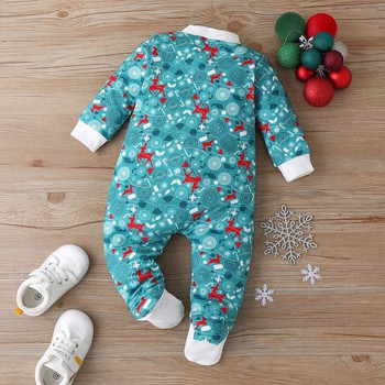 Нови дрехи за бебе момиче Коледни дрехи Елк Коледен принт Едноредов Детски гащеризон с дълъг ръкав Зимен бебешки гащеризон 3-18M