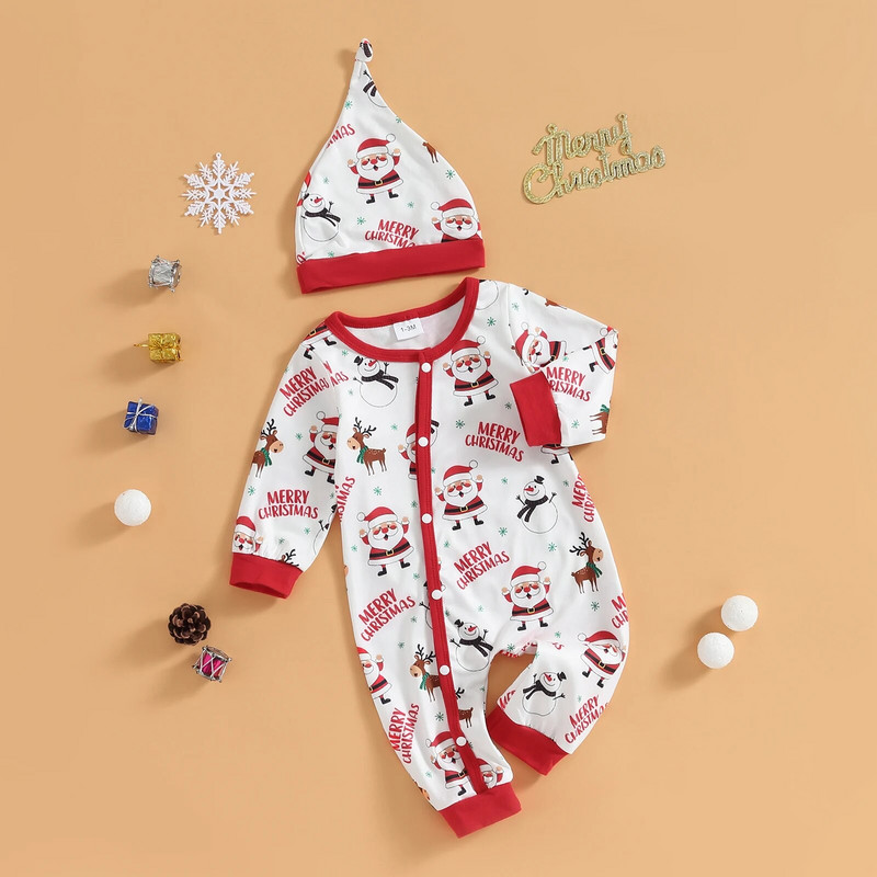 Jaundzimušie Meitenes Zēni Rompers ballīte Ziemassvētku Apģērbs Ziemassvētku vecītis Sniegavīrs Vēstuļu apdruka ar garām piedurknēm Toddler rudens bodiji ar cepuri