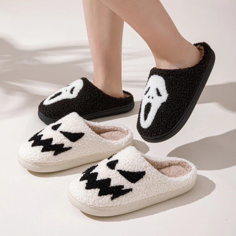 Helovīna galvaskausa čības vīriešiem sievietēm karikatūra ziema pāri jauni plīša silti iekštelpu kokvilnas apavi mājas komfortam ikdienas apavi