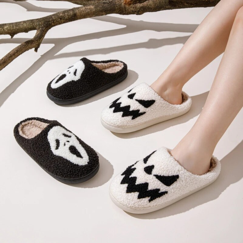 Helovīna galvaskausa čības vīriešiem sievietēm karikatūra ziema pāri jauni plīša silti iekštelpu kokvilnas apavi mājas komfortam ikdienas apavi