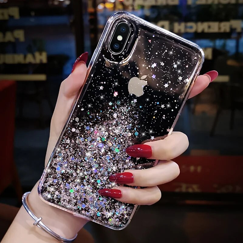 Луксозен преливащ блясък звезден калъф за iPhone 14 13 12 11 Pro Max X Xs Max XR iPhone 6 7 8 Plus 12 Mini мек прозрачен TPU калъф