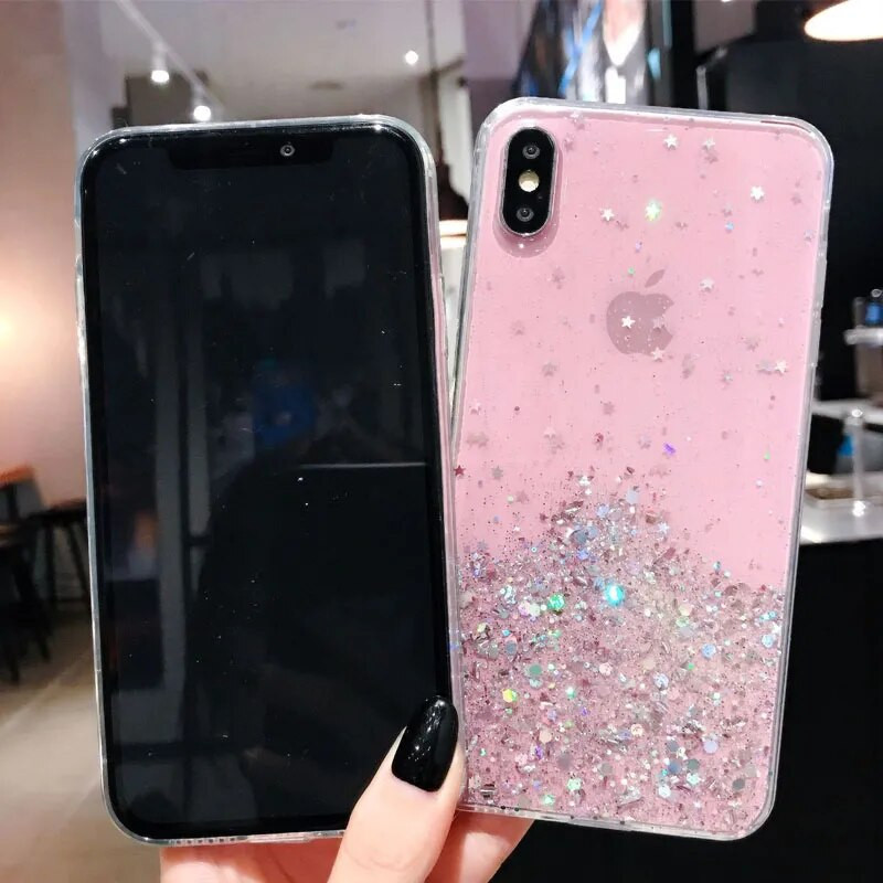 Луксозен преливащ блясък звезден калъф за iPhone 14 13 12 11 Pro Max X Xs Max XR iPhone 6 7 8 Plus 12 Mini мек прозрачен TPU калъф