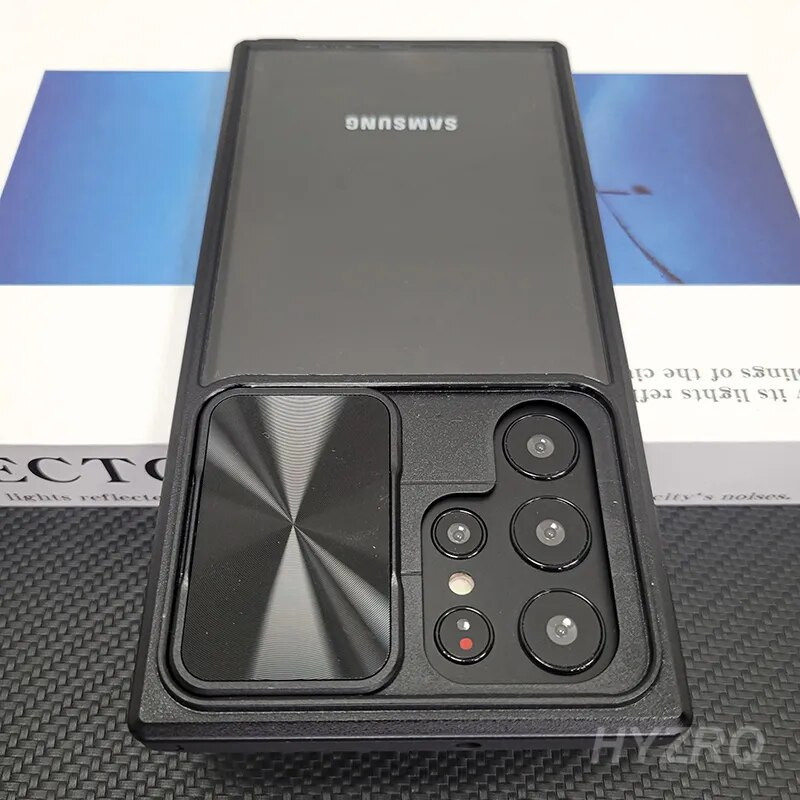 Csúsztatható kamera lencsesapka átlátszó kemény tok Samsung Galaxy S23 22 Ultra Plus S20fe S21fe A12 átlátszó ütésálló burkolatokhoz