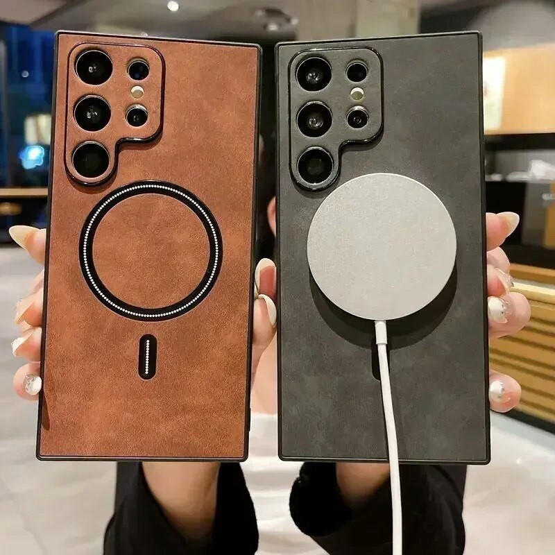 Vintage ādas magnētiskais vāciņš Magsafe korpusam Samsung Galaxy S23 S22 S21 FE Note 20 Ultra Plus S21FE S23Ultra Mac drošiem vāciņiem