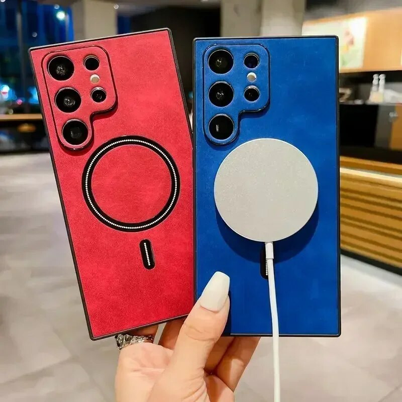 Vintage ādas magnētiskais vāciņš Magsafe korpusam Samsung Galaxy S23 S22 S21 FE Note 20 Ultra Plus S21FE S23Ultra Mac drošiem vāciņiem