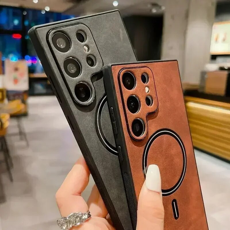 Vintage ādas magnētiskais vāciņš Magsafe korpusam Samsung Galaxy S23 S22 S21 FE Note 20 Ultra Plus S21FE S23Ultra Mac drošiem vāciņiem