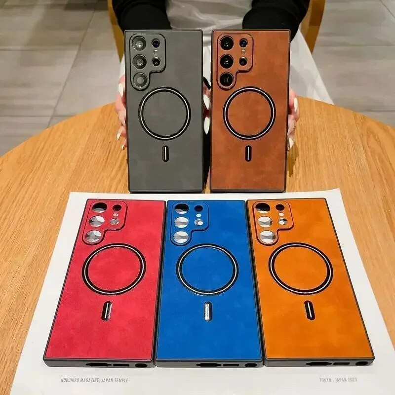 Vintage ādas magnētiskais vāciņš Magsafe korpusam Samsung Galaxy S23 S22 S21 FE Note 20 Ultra Plus S21FE S23Ultra Mac drošiem vāciņiem