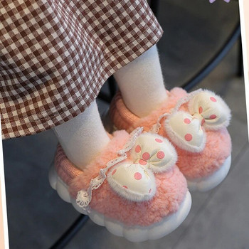 Бебешки момичета Зимни плюшени чехли Момчета Модни домашни вътрешни обувки Космати детски Обувки с дебели поларени панделки на големи точки Ежедневни чехли