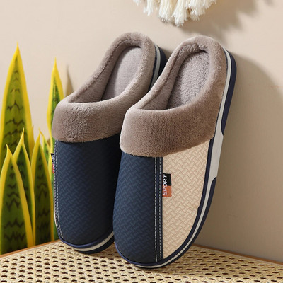 New Winter Warm Men`s Plush slippers Home Indoor Non-slip PU Leather Upper Waterproof House slides Outside Male Cotton shoes