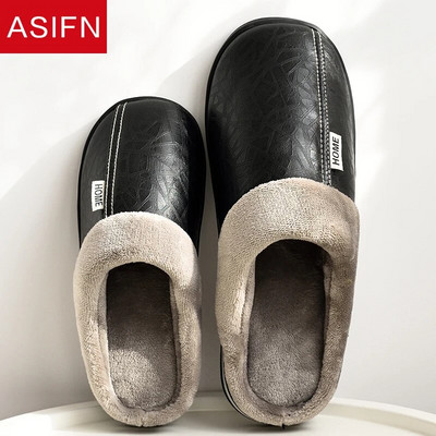 Men`s Big Size Winter Slippers Home PU Leather Shoes for Men Indoor Waterproof Fur Cotton Male Bedroom Slipper Flat Houseshoes