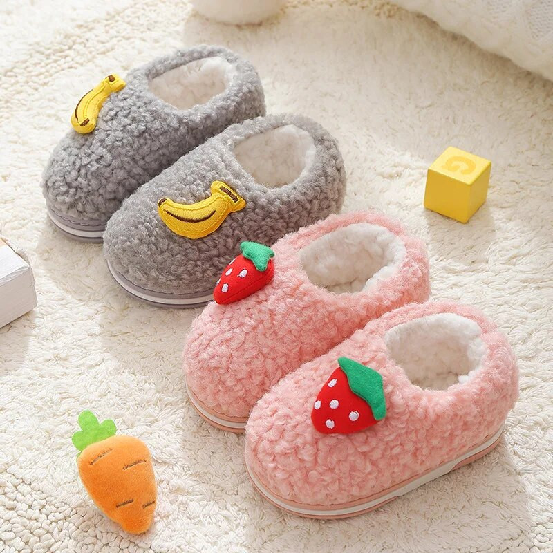 2022 tél, gyerekek lányok, aranyos gyümölcsnyomat beltéri otthon, vastag polár szőrme meleg cipők fiúk gyerekek alkalmi viselet baba pamut papucs