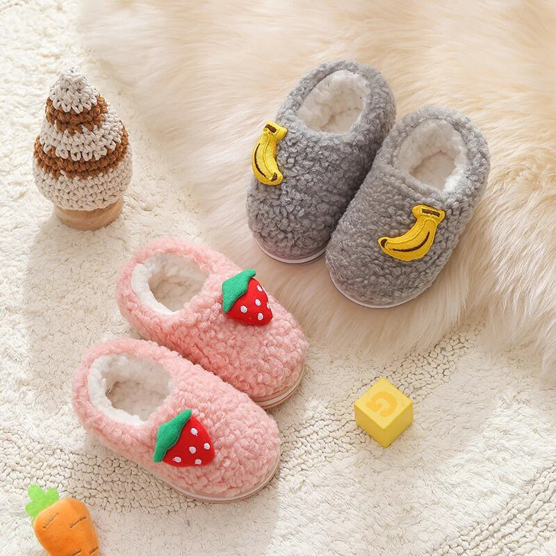 2022 tél, gyerekek lányok, aranyos gyümölcsnyomat beltéri otthon, vastag polár szőrme meleg cipők fiúk gyerekek alkalmi viselet baba pamut papucs