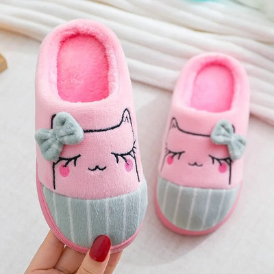 Bowknot Cat Детски памучни чехли Есен Зима Домашни вътрешни топли детски обувки Комфортни неплъзгащи се пухкави чехли Розови обувки за момичета