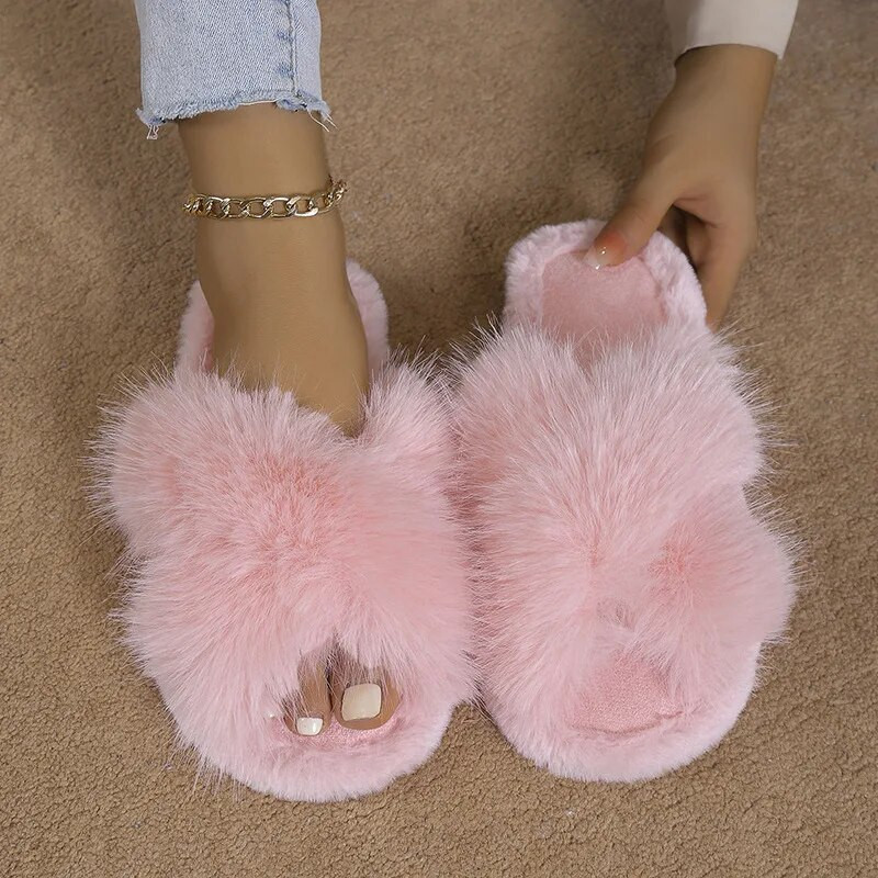 Ristirihmad kohevad karusnahast sussid naistele sügistalvised lamedad kodu puuvillased sussid naistele mugavad libisemiskindlad põrandaliugused