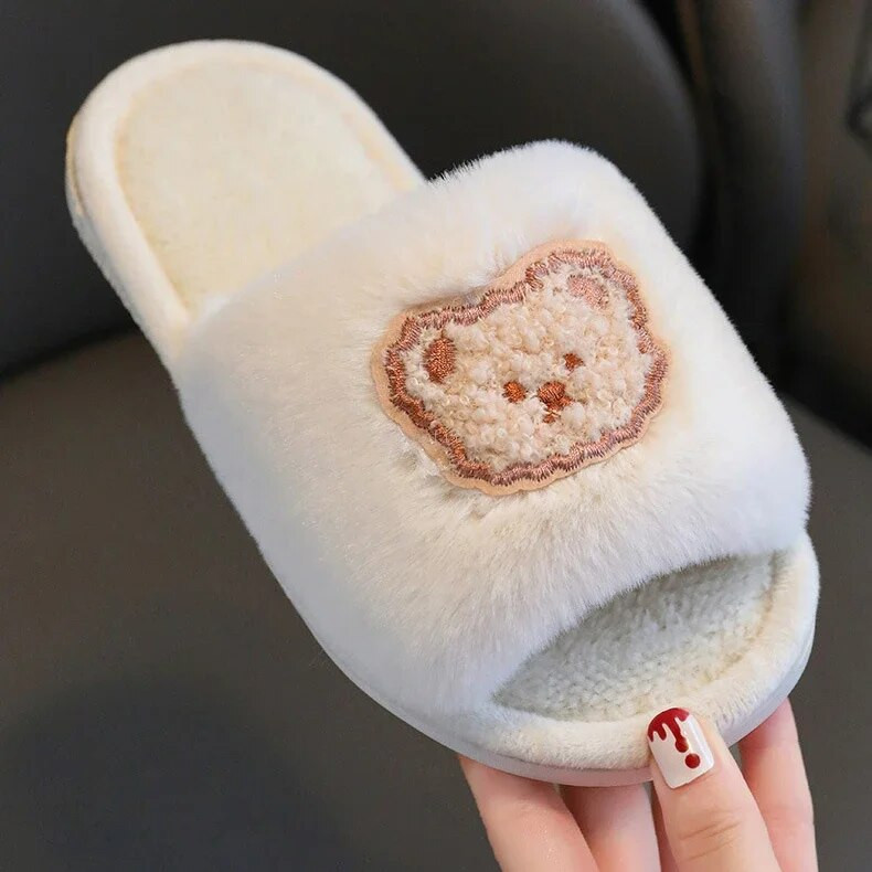 Bērnu kokvilnas apavi bērniem ziemas čības zēni meitenes mazulis jauks lācis silts atvērts purngals kurpes biezas kažokādas bērniem mājas plīša čības