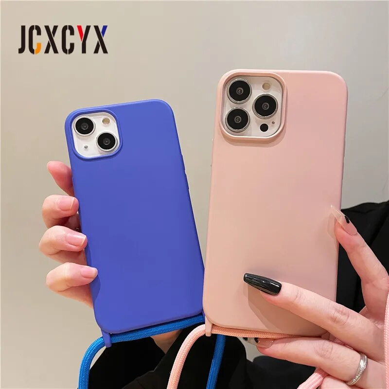 Luksusa šķidrā silikona krusteniskā kaklarotas virves futrālis iPhone 15 14 Pro Max 13 12 11 MiNi XS XR 8 7 Plus triecienizturīgs vāciņš