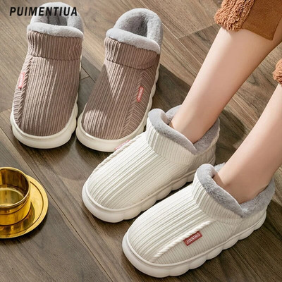New Women Cotton Slippers Winter Indoor Outdoor Warm Snow Boots Non-Slip Thick Sole Furry Shoes Couple Plush Slippers Men Slides
