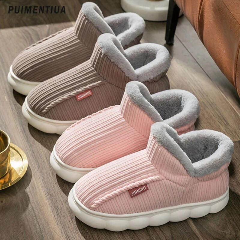 Νέες γυναικείες βαμβακερές παντόφλες Χειμερινές μπότες εσωτερικού χώρου για ζεστό χιόνι με αντιολισθητική χοντρή σόλα γούνινα παπούτσια Ζευγάρι βελούδινες παντόφλες ανδρικές τσουλήθρες