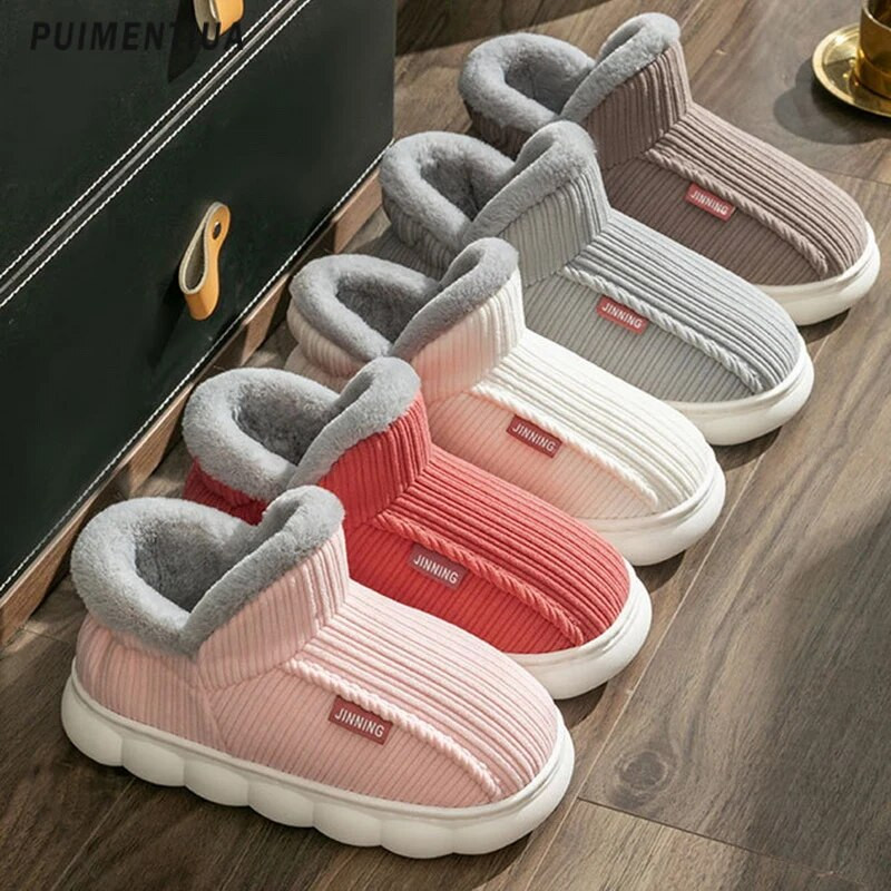 Νέες γυναικείες βαμβακερές παντόφλες Χειμερινές μπότες εσωτερικού χώρου για ζεστό χιόνι με αντιολισθητική χοντρή σόλα γούνινα παπούτσια Ζευγάρι βελούδινες παντόφλες ανδρικές τσουλήθρες