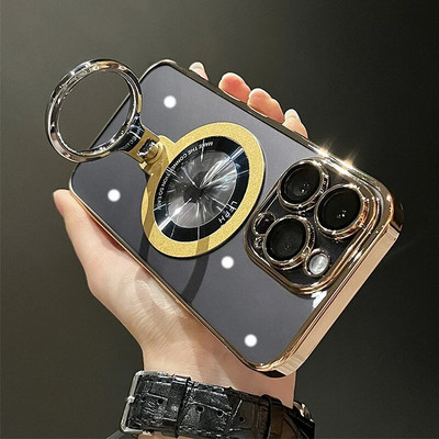 Επιμετάλλωση διάφανη μαγνητική θήκη βάσης δακτυλίου για iPhone 15 Pro Max 14 13 12 11 For Magsafe Wireless Charging Σκληρό κάλυμμα