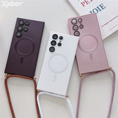 Lanyard Crossbody Necklace Magnētiskais uzlādes futrālis Samsung S23 Ultra S22 S21 Plus S20 FE Note 20 10 Pro matēts vāciņš priekš Magsafe