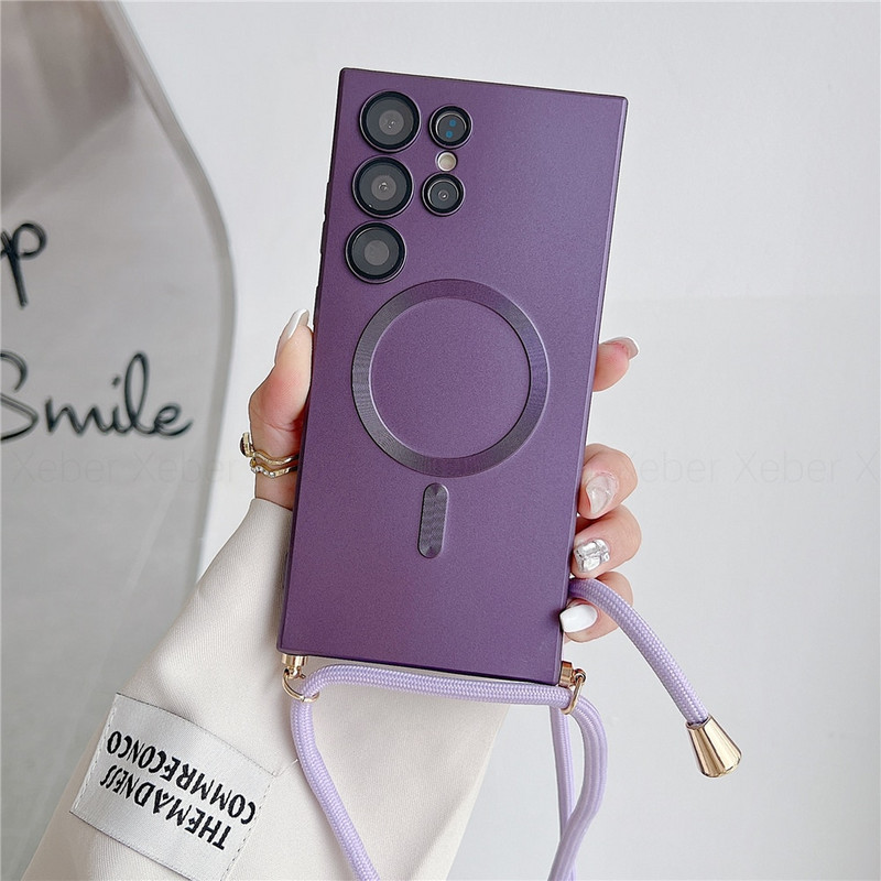 Lanyard Crossbody Necklace Magnētiskais uzlādes futrālis Samsung S23 Ultra S22 S21 Plus S20 FE Note 20 10 Pro matēts vāciņš priekš Magsafe