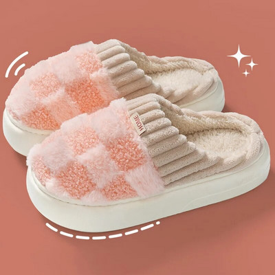 Sieviešu kažokādas siltas plīša čības iekštelpām mājas ziemai biezas platformas čības režģa raksts mīksta zole modes kokvilnas čības