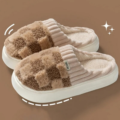 Sieviešu kažokādas siltas plīša čības iekštelpām mājas ziemai biezas platformas čības režģa raksts mīksta zole modes kokvilnas čības