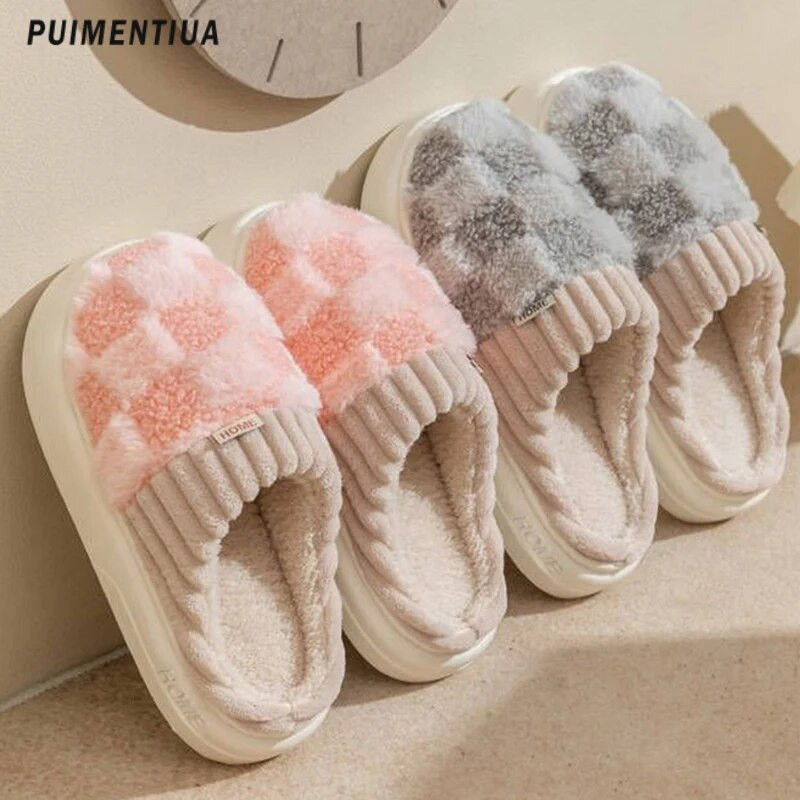 Sieviešu kažokādas siltas plīša čības iekštelpām mājas ziemai biezas platformas čības režģa raksts mīksta zole modes kokvilnas čības