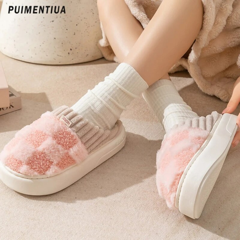 Sieviešu kažokādas siltas plīša čības iekštelpām mājas ziemai biezas platformas čības režģa raksts mīksta zole modes kokvilnas čības