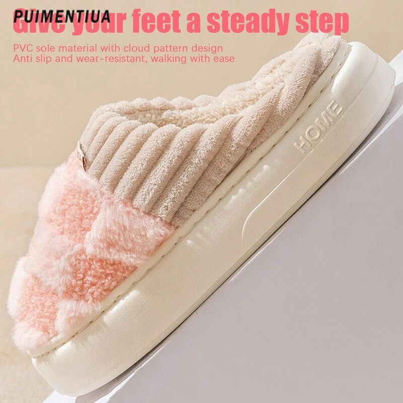 Sieviešu kažokādas siltas plīša čības iekštelpām mājas ziemai biezas platformas čības režģa raksts mīksta zole modes kokvilnas čības