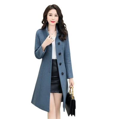 Korejiešu ziemas vilnas mēteļu josta, tieva sieviešu ziemas rudens sieviešu garie vilnas mēteļi, vienrindas lielizmēra elegants maisījums virsdrēbes