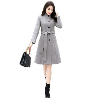 Korejiešu ziemas vilnas mēteļu josta, tieva sieviešu ziemas rudens sieviešu garie vilnas mēteļi, vienrindas lielizmēra elegants maisījums virsdrēbes