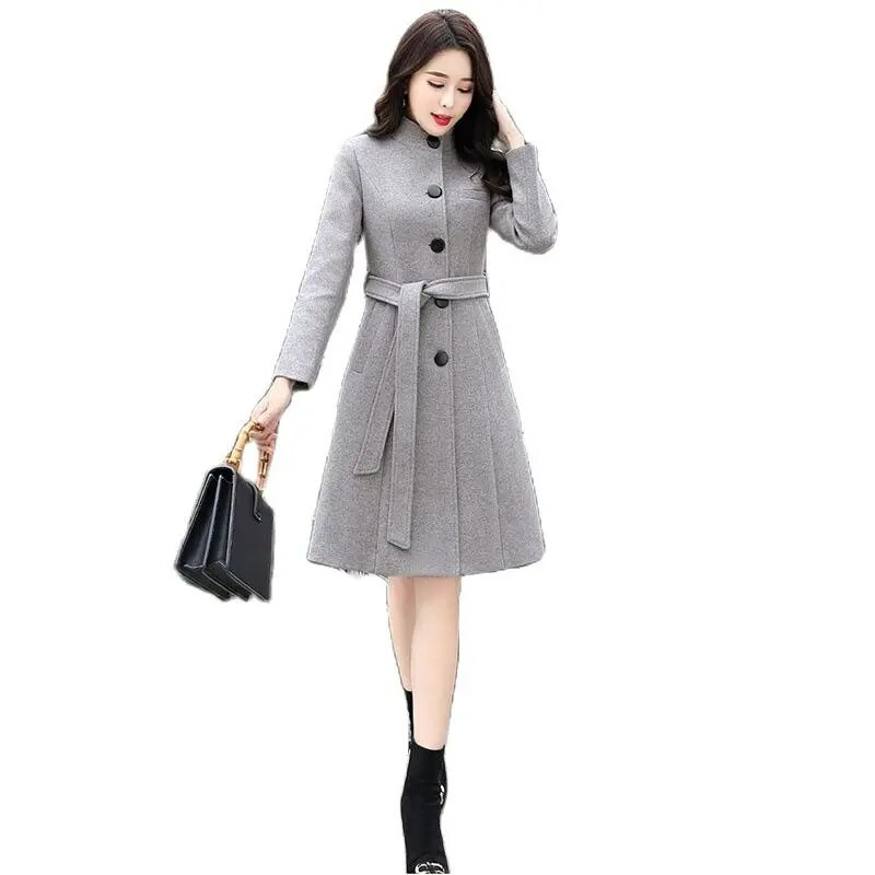 Korejiešu ziemas vilnas mēteļu josta, tieva sieviešu ziemas rudens sieviešu garie vilnas mēteļi, vienrindas lielizmēra elegants maisījums virsdrēbes