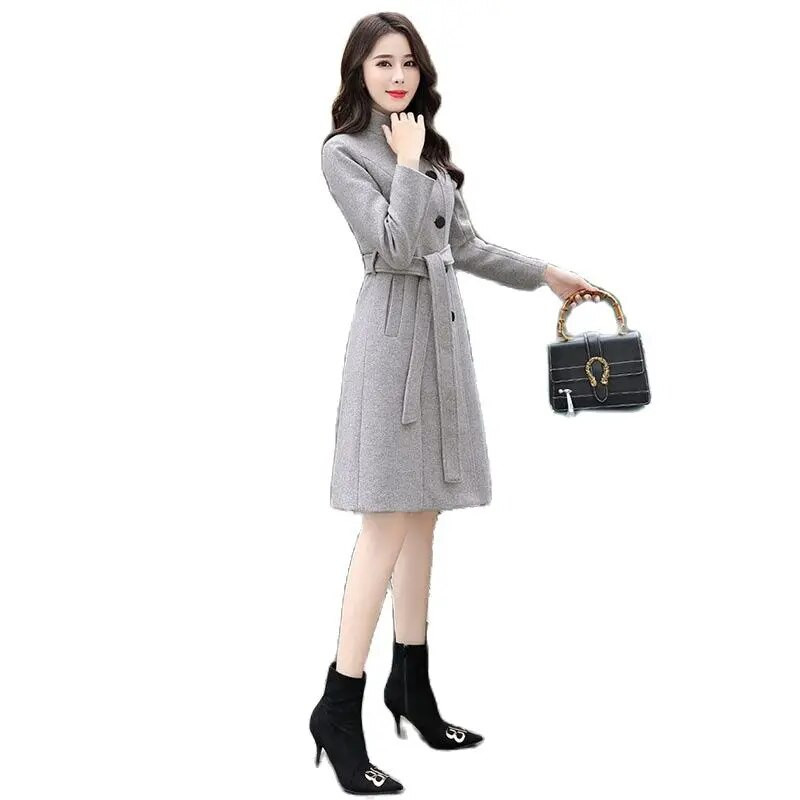 Korejiešu ziemas vilnas mēteļu josta, tieva sieviešu ziemas rudens sieviešu garie vilnas mēteļi, vienrindas lielizmēra elegants maisījums virsdrēbes