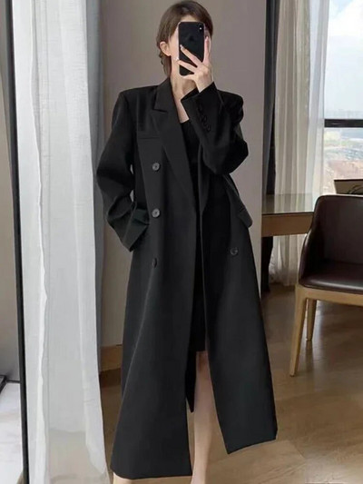 Trenčmētelis sievietēm uzvalks apkakle Divrindu vienkrāsains garš mētelis Elegance Biroja dāmu jakas Rudens ziemas apģērbi sievietēm
