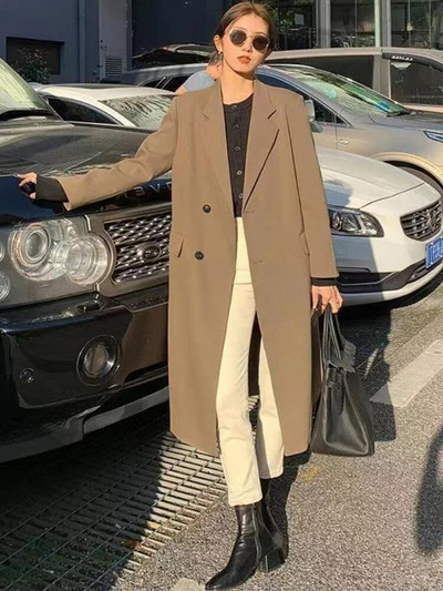 Trenčmētelis sievietēm uzvalks apkakle Divrindu vienkrāsains garš mētelis Elegance Biroja dāmu jakas Rudens ziemas apģērbi sievietēm