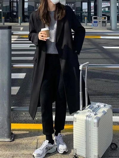 Trenčmētelis sievietēm uzvalks apkakle Divrindu vienkrāsains garš mētelis Elegance Biroja dāmu jakas Rudens ziemas apģērbi sievietēm